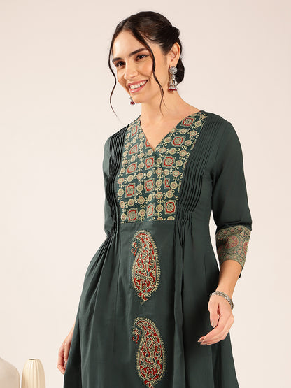 Aqua Blue Ajrakh Flared Cotton Stitched Kurta Palazzo With Dupatta