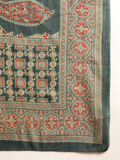 Aqua Blue Ajrakh Flared Cotton Stitched Kurta Palazzo With Dupatta