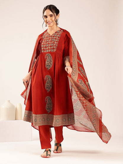 Maroon Ajrakh Flared Cotton Stitched Kurta Palazzo With Dupatta
