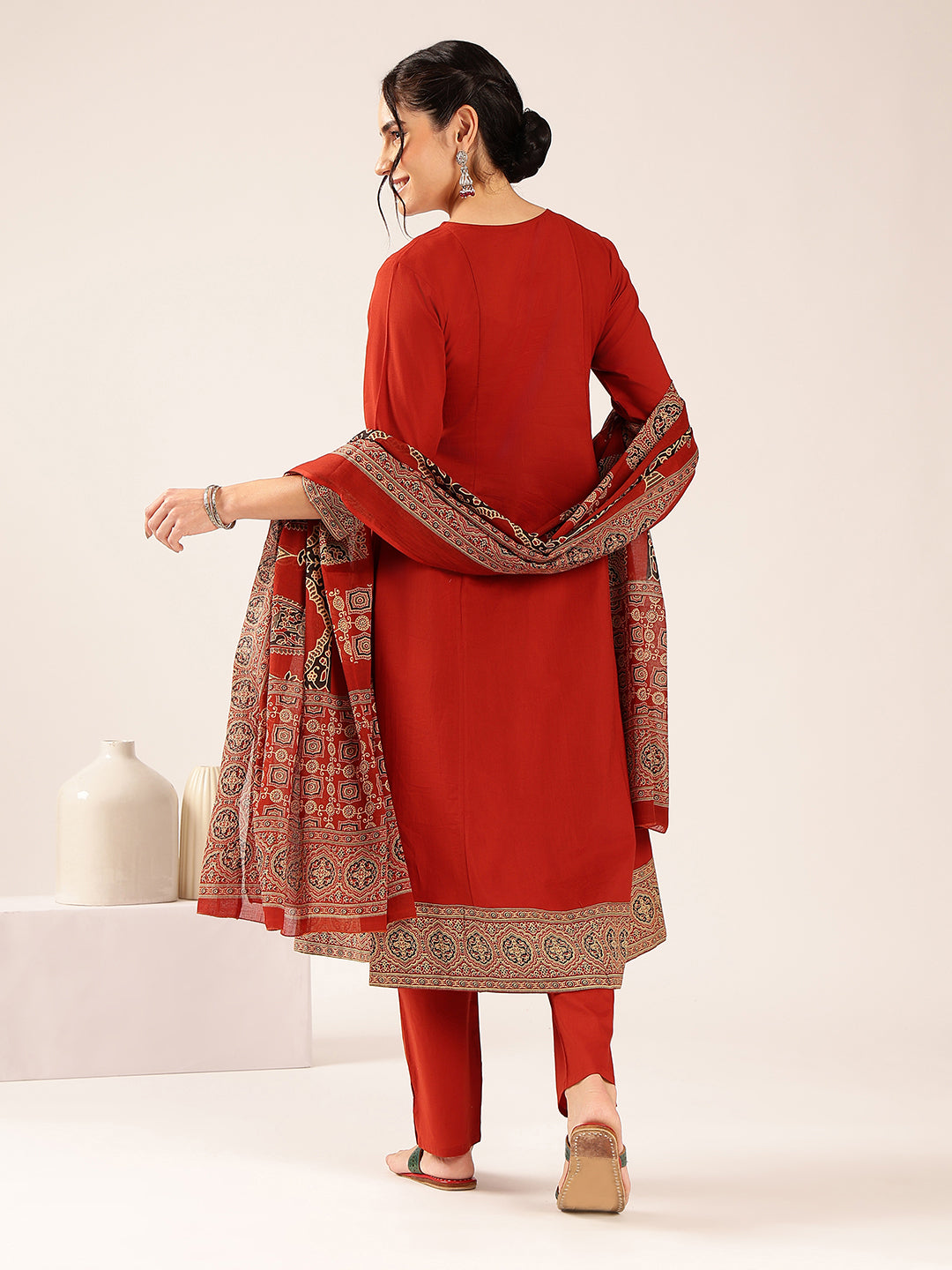 Maroon Ajrakh Flared Cotton Stitched Kurta Palazzo With Dupatta