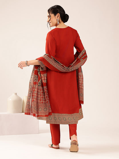 Maroon Ajrakh Flared Cotton Stitched Kurta Palazzo With Dupatta