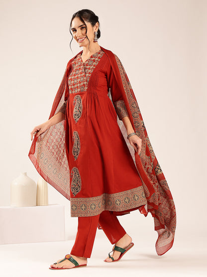 Maroon Ajrakh Flared Cotton Stitched Kurta Palazzo With Dupatta