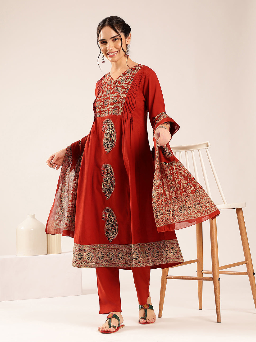 Maroon Ajrakh Flared Cotton Stitched Kurta Palazzo With Dupatta