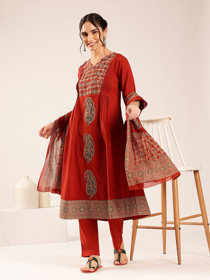 Maroon Ajrakh Flared Cotton Stitched Kurta Palazzo With Dupatta