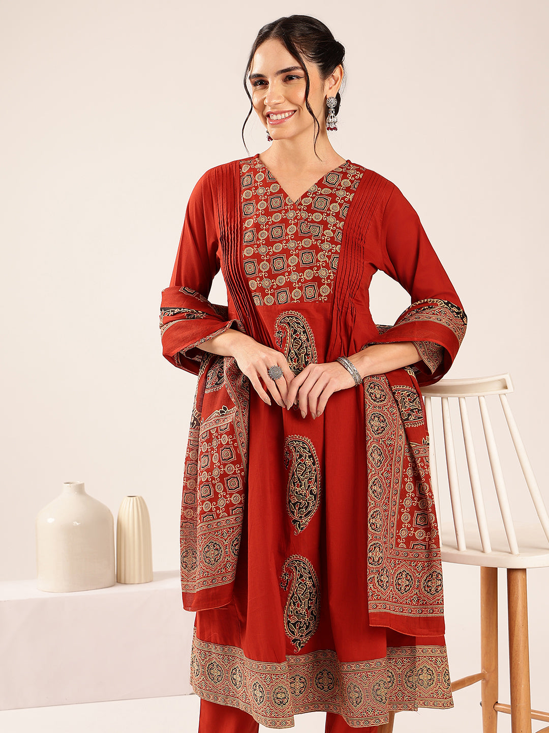 Maroon Ajrakh Flared Cotton Stitched Kurta Palazzo With Dupatta