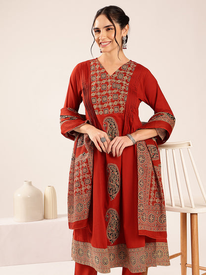 Maroon Ajrakh Flared Cotton Stitched Kurta Palazzo With Dupatta