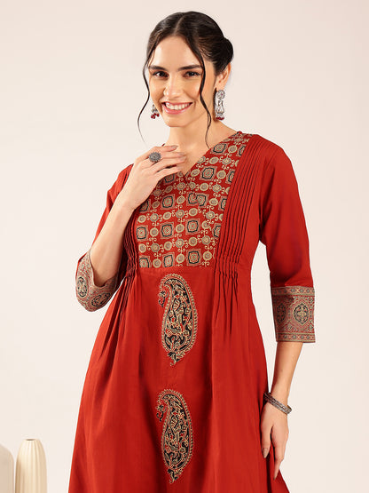 Maroon Ajrakh Flared Cotton Stitched Kurta Palazzo With Dupatta