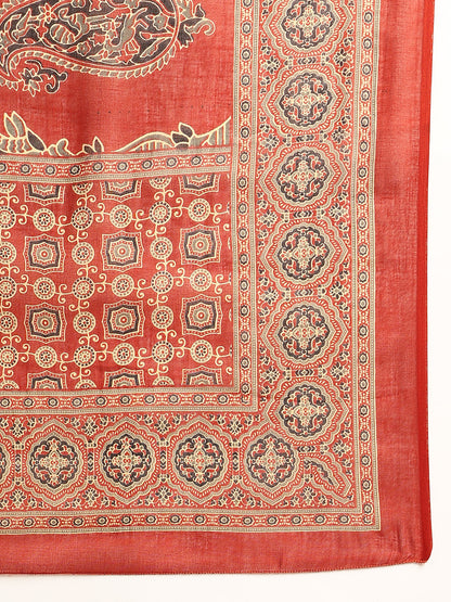 Maroon Ajrakh Flared Cotton Stitched Kurta Palazzo With Dupatta