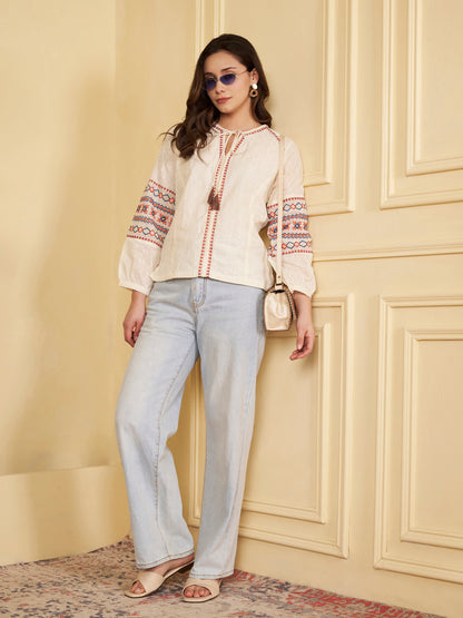 Off-White Geomatric Straight Cotton Jacquard Stitched Top