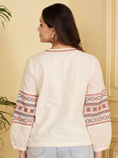 Off-White Geomatric Straight Cotton Jacquard Stitched Top