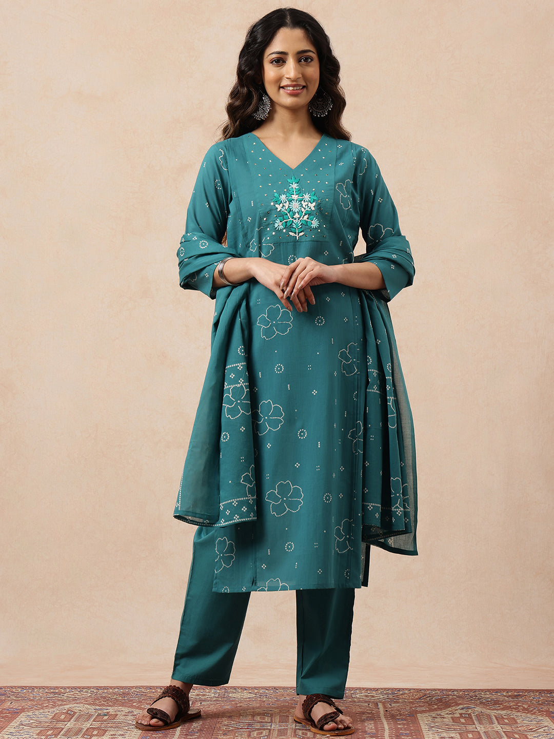Aqua Bhandhani Straight Cotton Stitched Kurta, Pant With Dupatta