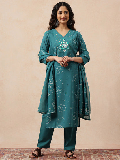 Aqua Bhandhani Straight Cotton Stitched Kurta, Pant With Dupatta
