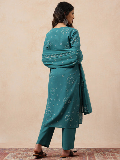 Aqua Bhandhani Straight Cotton Stitched Kurta, Pant With Dupatta
