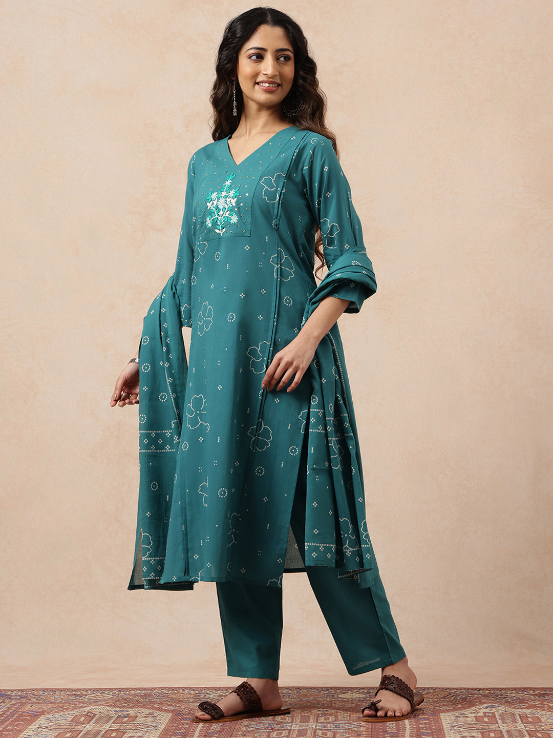 Aqua Bhandhani Straight Cotton Stitched Kurta, Pant With Dupatta