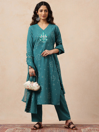 Aqua Bhandhani Straight Cotton Stitched Kurta, Pant With Dupatta
