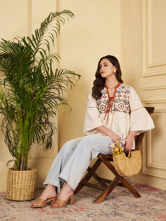 Off-White Geomatric Fit & Flare Cotton Jacquard Stitched Top