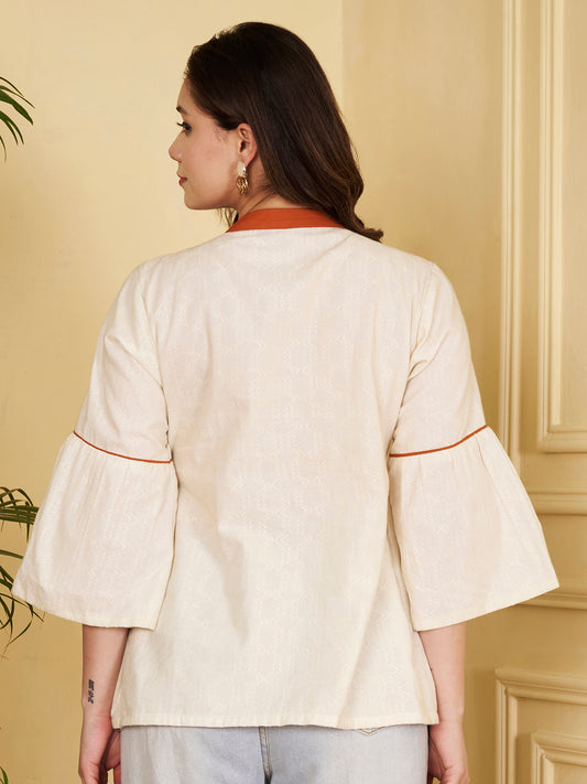 Off-White Geomatric Fit & Flare Cotton Jacquard Stitched Top