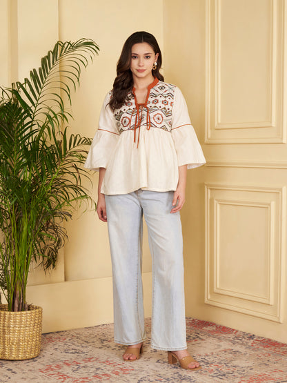 Off-White Geomatric Fit & Flare Cotton Jacquard Stitched Top