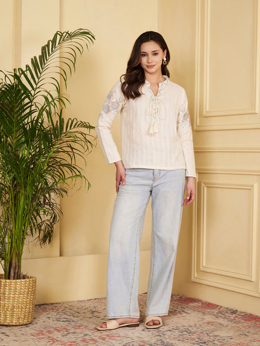 Off-White Solid Straight Cotton Jacquard Stitched Top