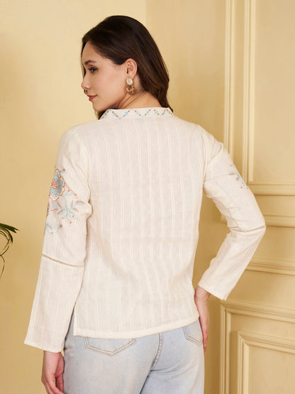 Off-White Solid Straight Cotton Jacquard Stitched Top