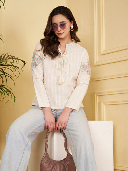 Off-White Solid Straight Cotton Jacquard Stitched Top