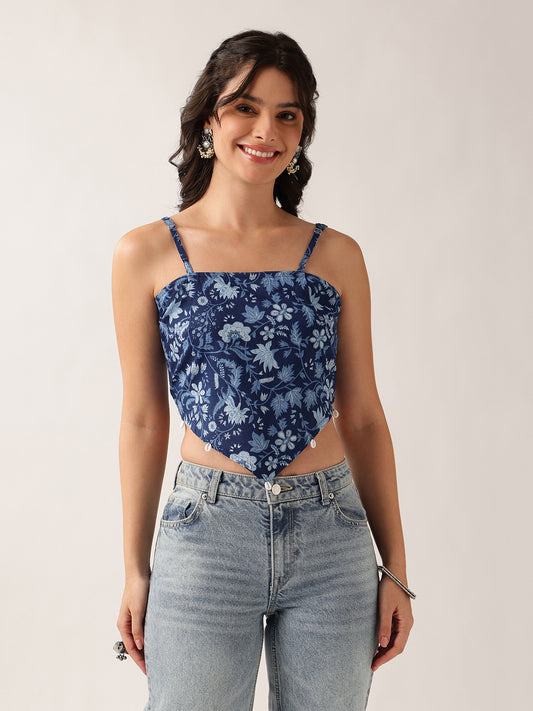 Blue Floral Crop - Top Cotton Top