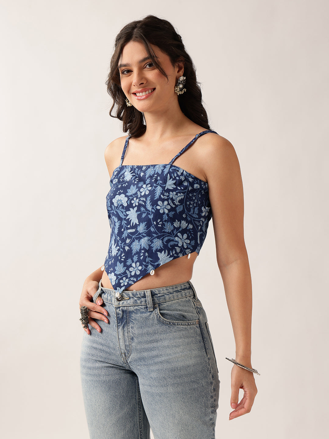 Blue Floral Crop - Top Cotton Top