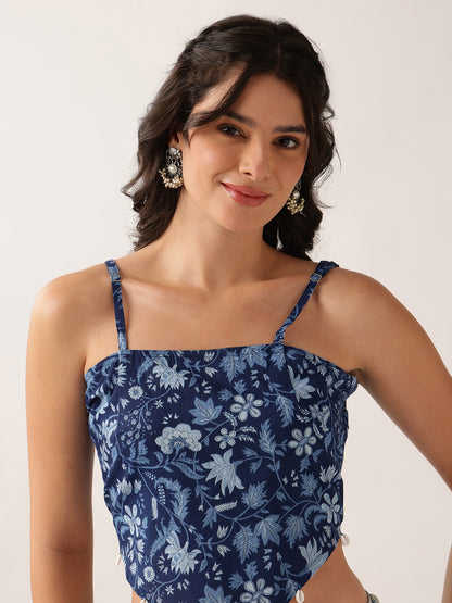 Blue Floral Crop - Top Cotton Top