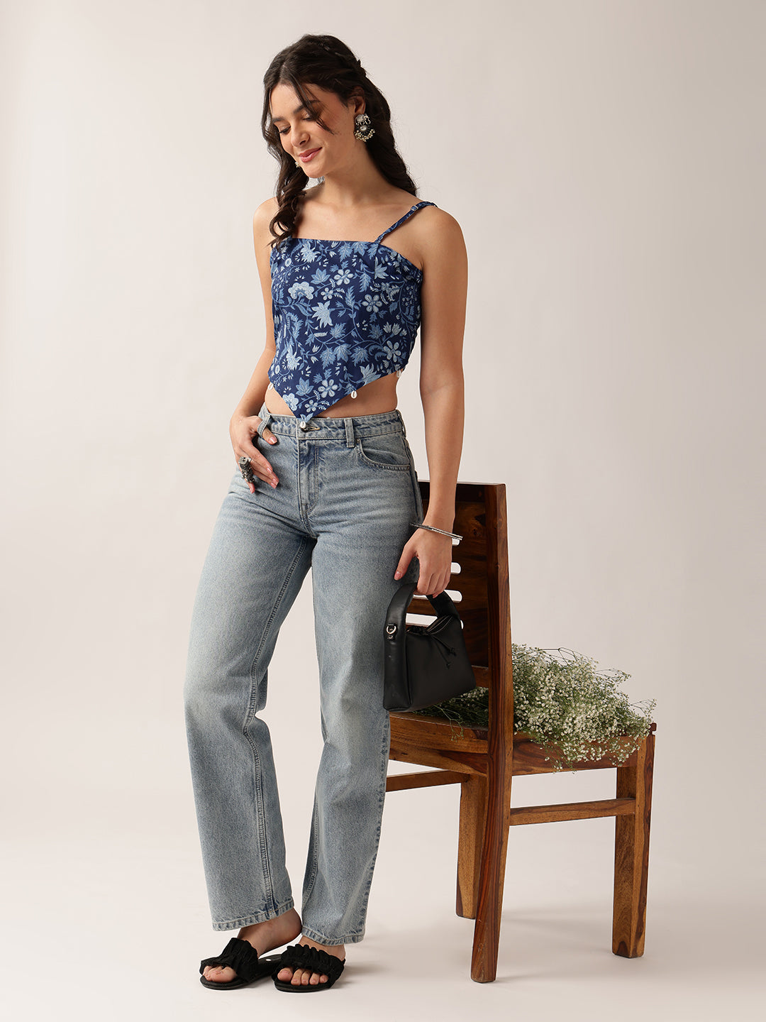 Blue Floral Crop - Top Cotton Top