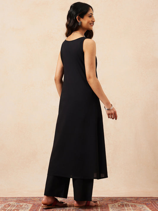 Black Solid Straight Cotton Stitched Kurta With Pant
