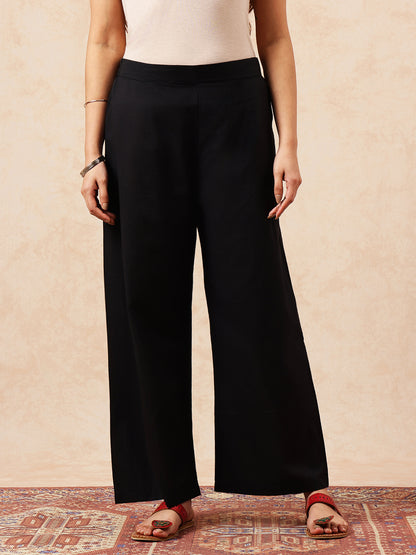 Black Solid Straight Cotton Stitched Kurta With Pant