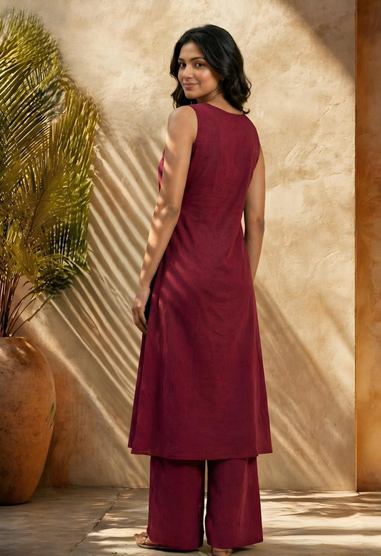 Wine Solid Straight Cotton Stitched Kurta With Pant