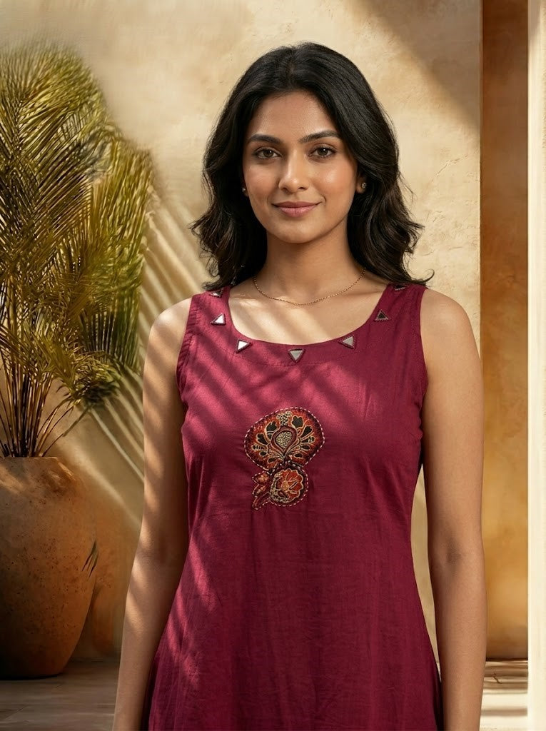 Wine Solid Straight Cotton Stitched Kurta With Pant
