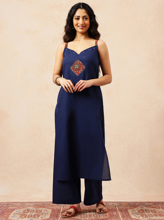 Blue Solid A-Line Cotton Stitched Kurta With Pant