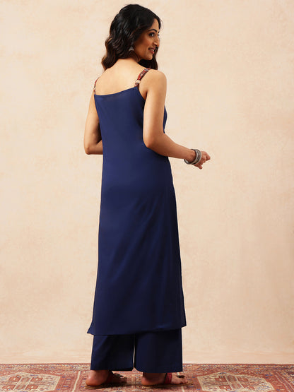 Blue Solid A-Line Cotton Stitched Kurta With Pant