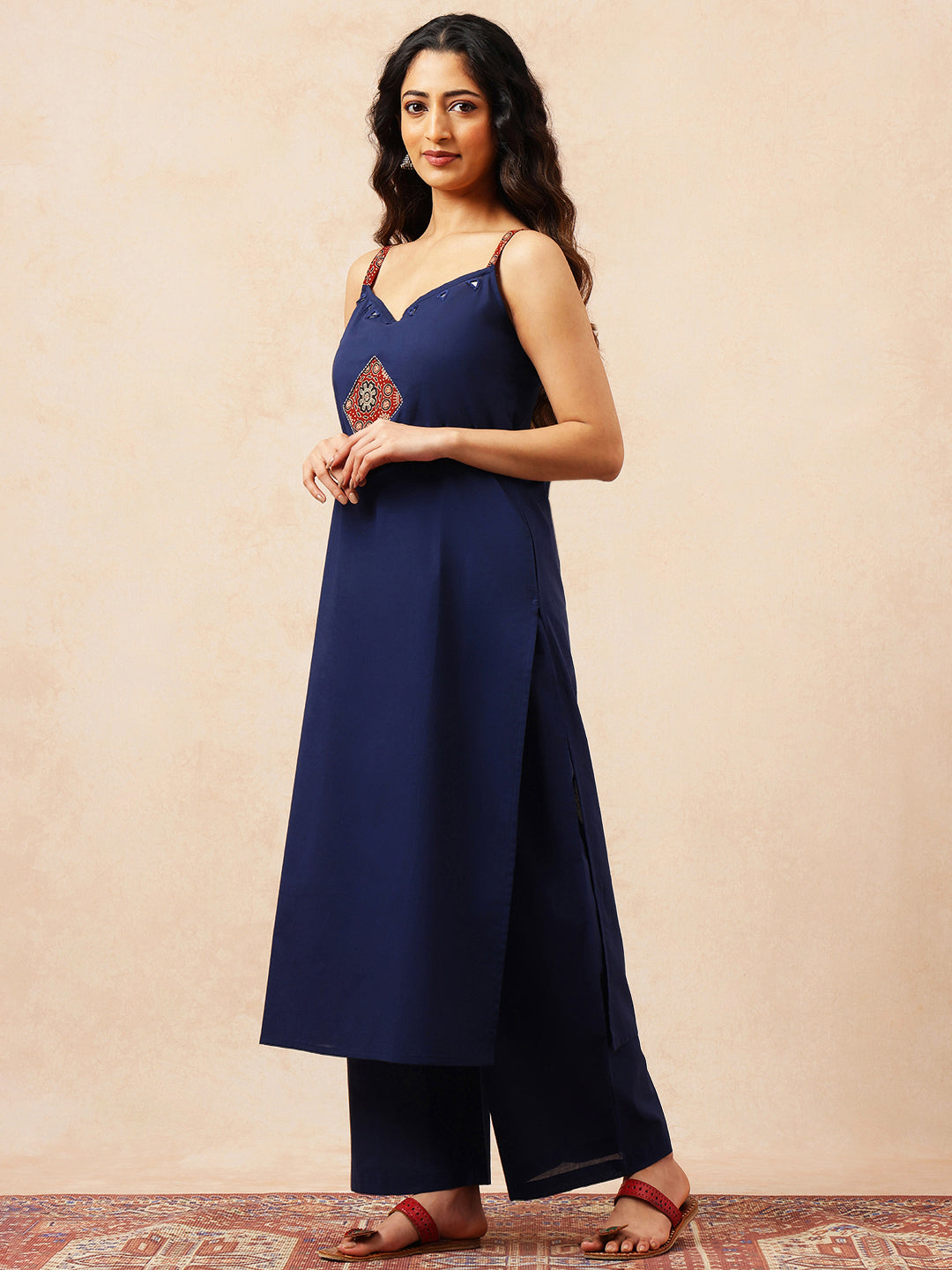 Blue Solid A-Line Cotton Stitched Kurta With Pant