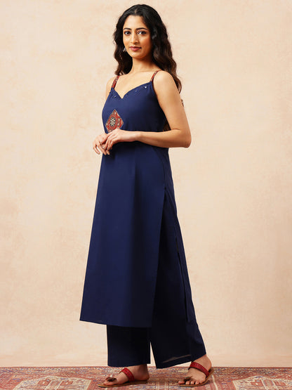 Blue Solid A-Line Cotton Stitched Kurta With Pant