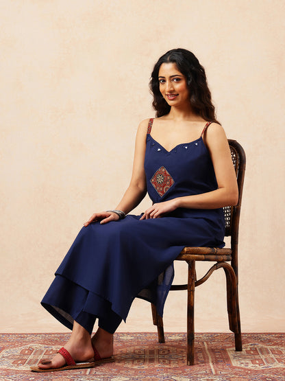 Blue Solid A-Line Cotton Stitched Kurta With Pant