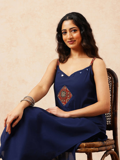 Blue Solid A-Line Cotton Stitched Kurta With Pant