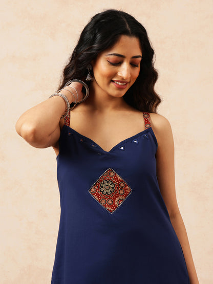 Blue Solid A-Line Cotton Stitched Kurta With Pant