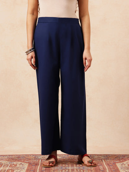 Blue Solid A-Line Cotton Stitched Kurta With Pant