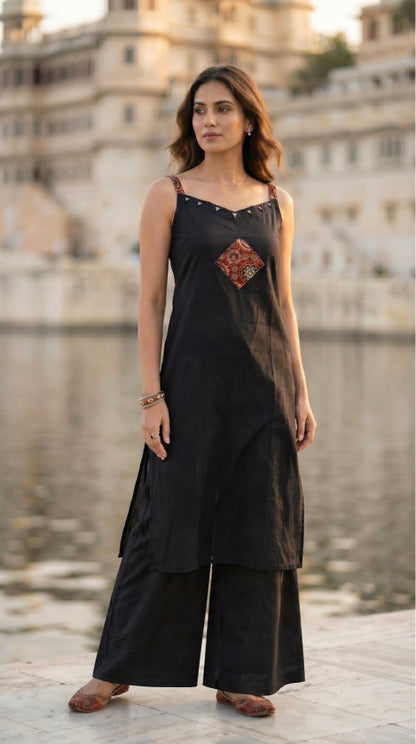 Black Solid A-Line Cotton Stitched Kurta With Pant
