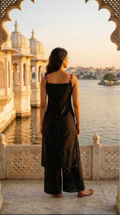 Black Solid A-Line Cotton Stitched Kurta With Pant