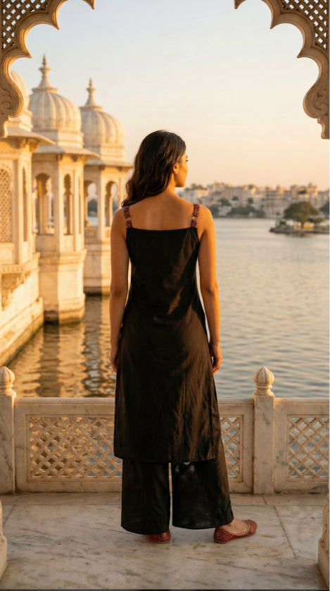 Black Solid A-Line Cotton Stitched Kurta With Pant