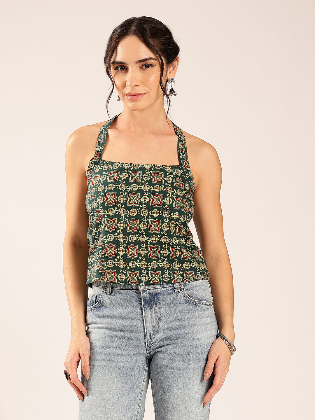 Aqua Ajrakh Straight Cotton Stitched Crop Top