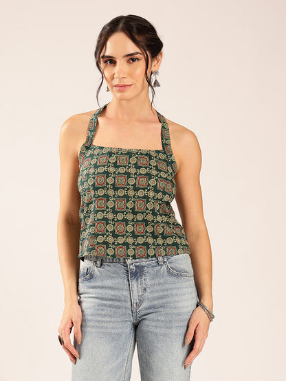 Aqua Ajrakh Straight Cotton Stitched Crop Top