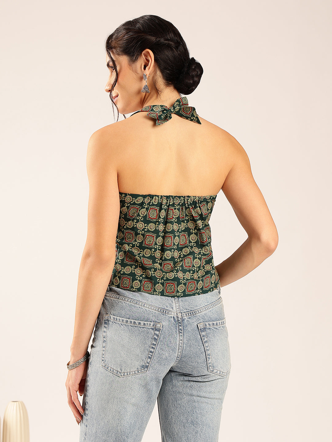Aqua Ajrakh Straight Cotton Stitched Crop Top