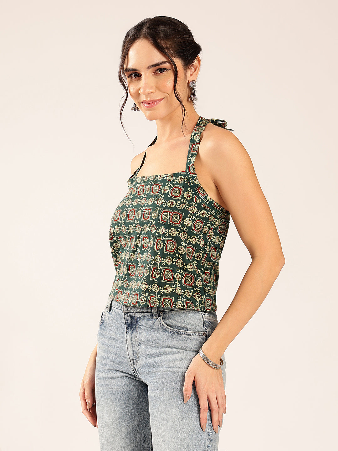 Aqua Ajrakh Straight Cotton Stitched Crop Top