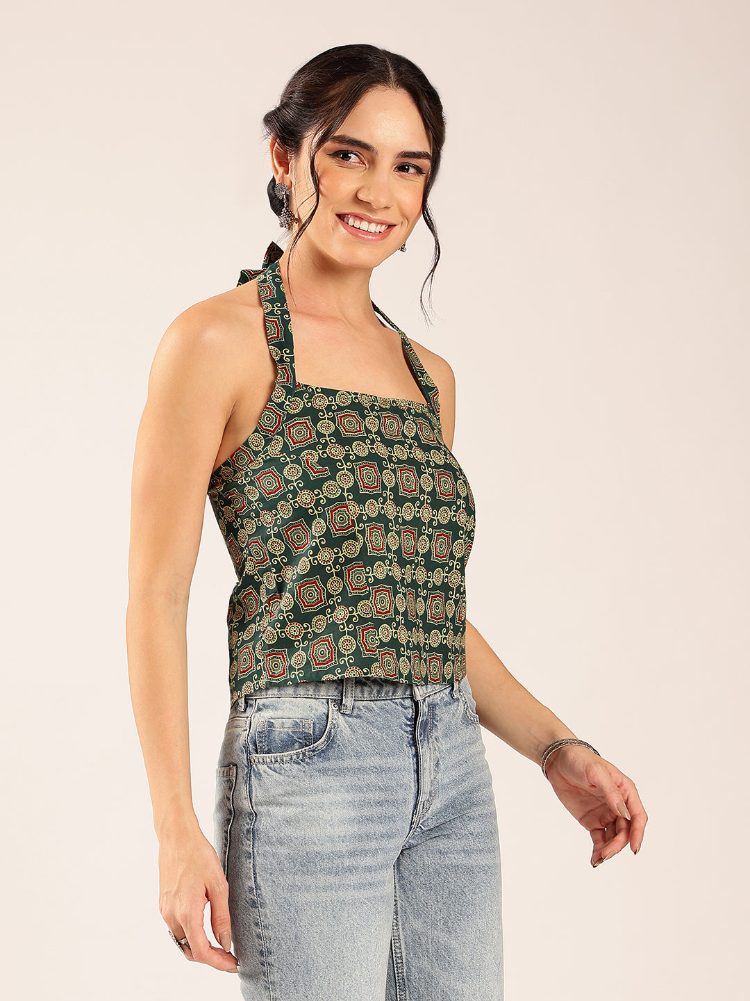 Aqua Ajrakh Straight Cotton Stitched Crop Top