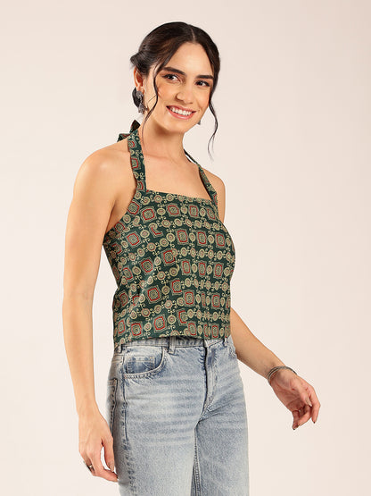 Aqua Ajrakh Straight Cotton Stitched Crop Top